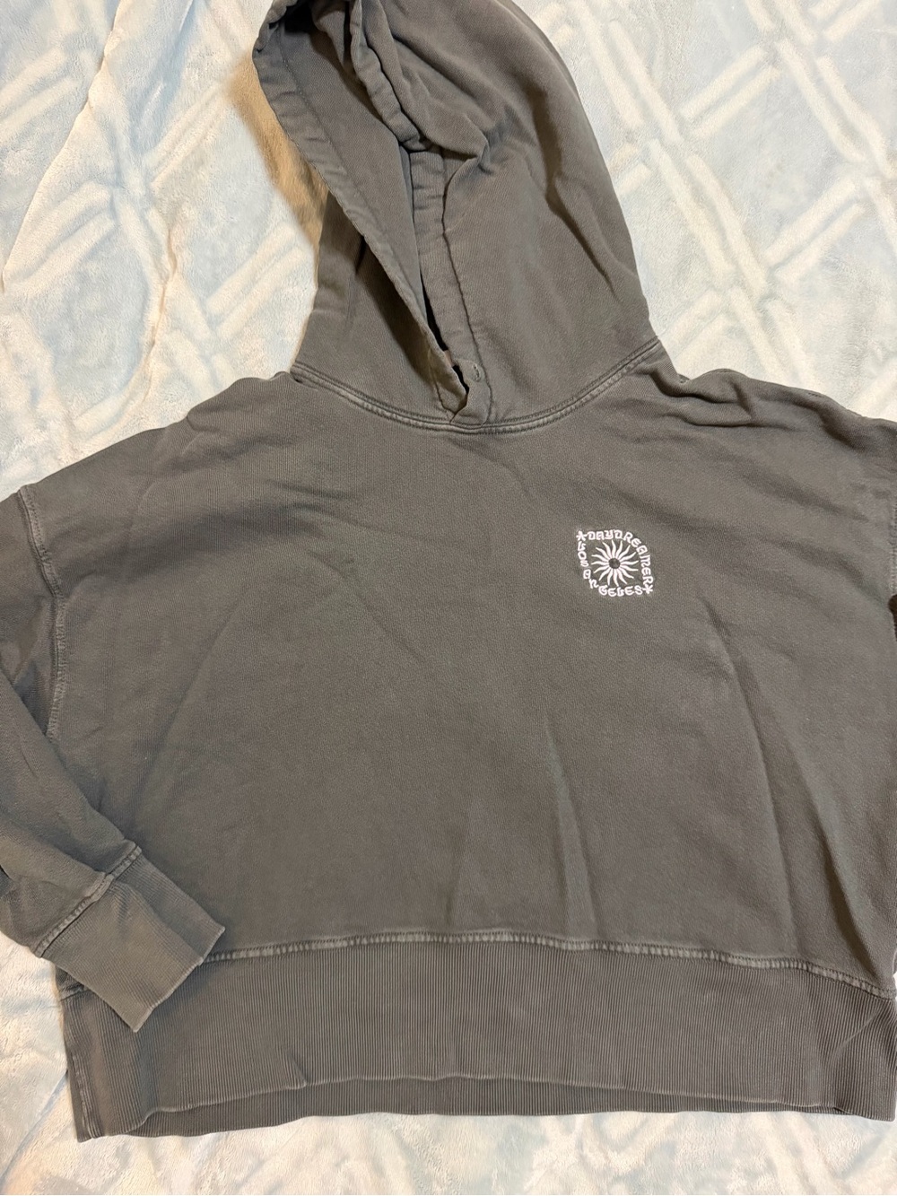 X Revolve Daydreamer Charcoal cropped Gray Zip-Up Hoodie with Chest Logo